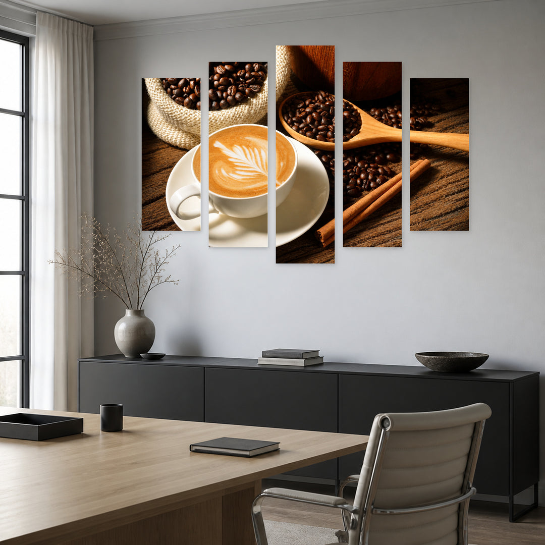Cappuccino Contemporary Study — five-panel wall art in frontal interior | 5wallart 53016 M3