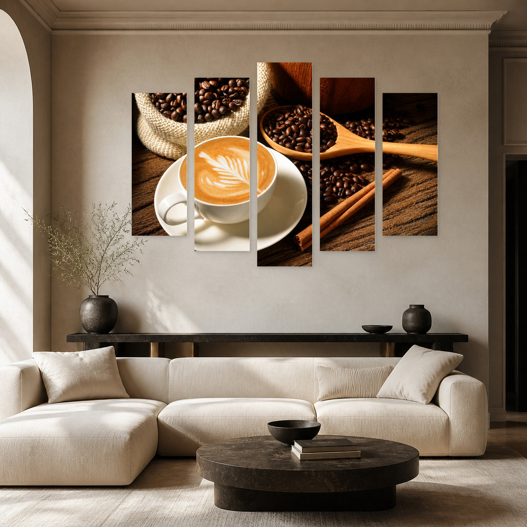 Cappuccino Contemporary Study — five-panel wall art in alternate frontal interior | 5wallart 53016 M4