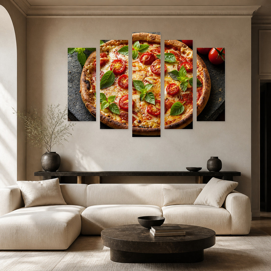 Margherita Pizza Still Life — five-panel wall art in alternate frontal interior | 5wallart 53018 M4
