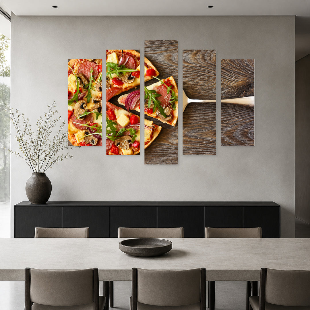 Slice of Pizza Still Life — five-panel wall art in alternate frontal interior | 5wallart 53019 M4
