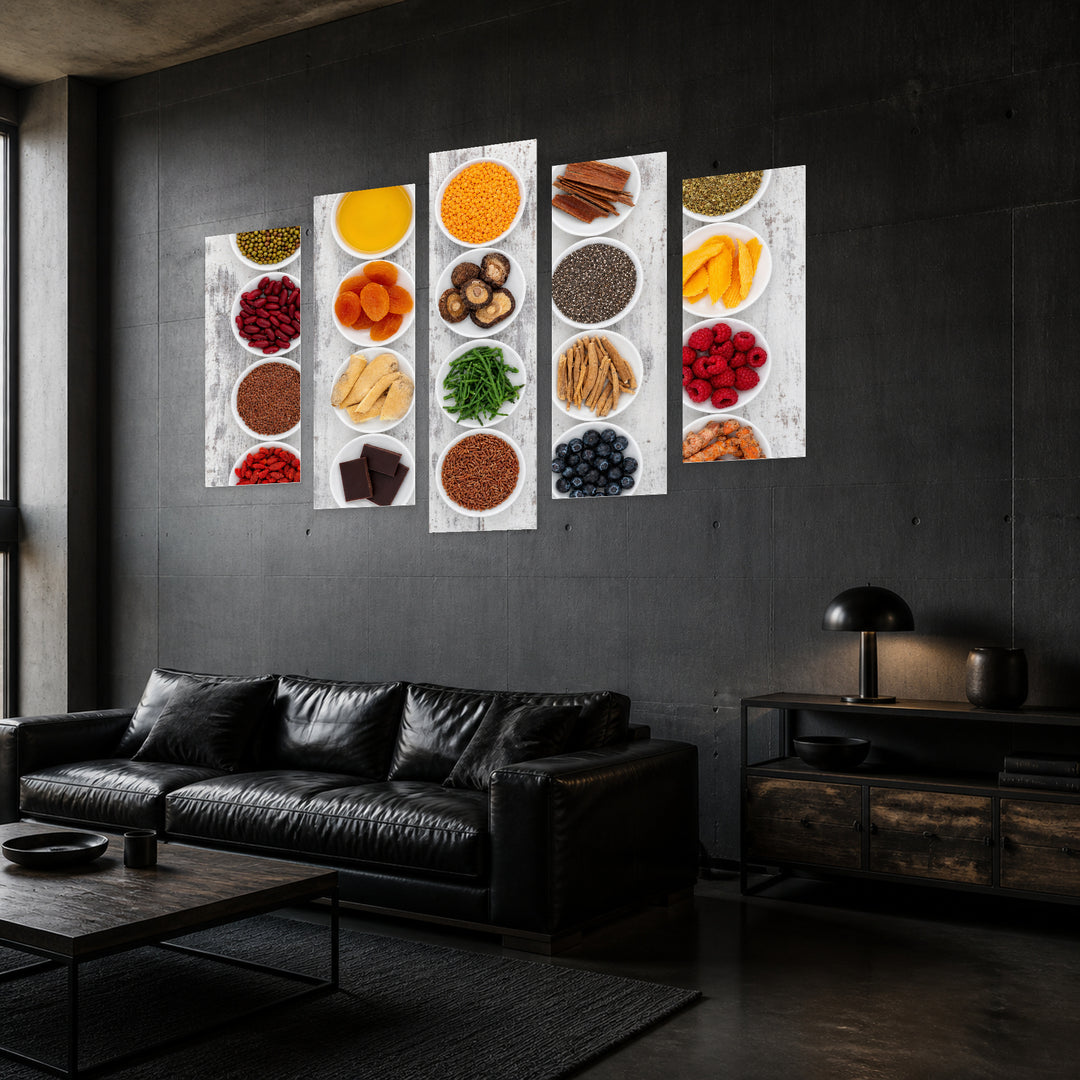 Exotic Spices in Vivid Color — five-panel wall art in perspective interior | 5wallart 53020 M2