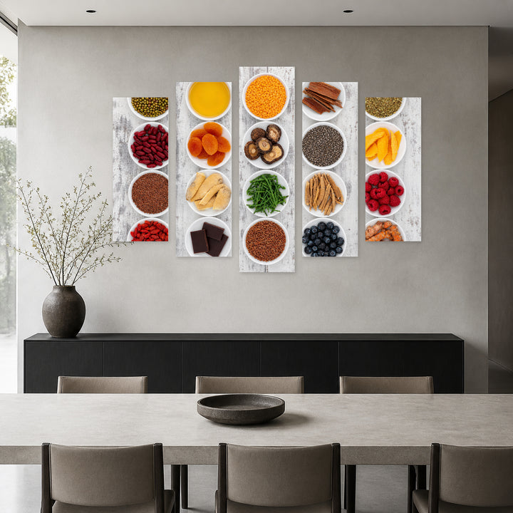 Exotic Spices in Vivid Color — five-panel wall art in frontal interior | 5wallart 53020 M3