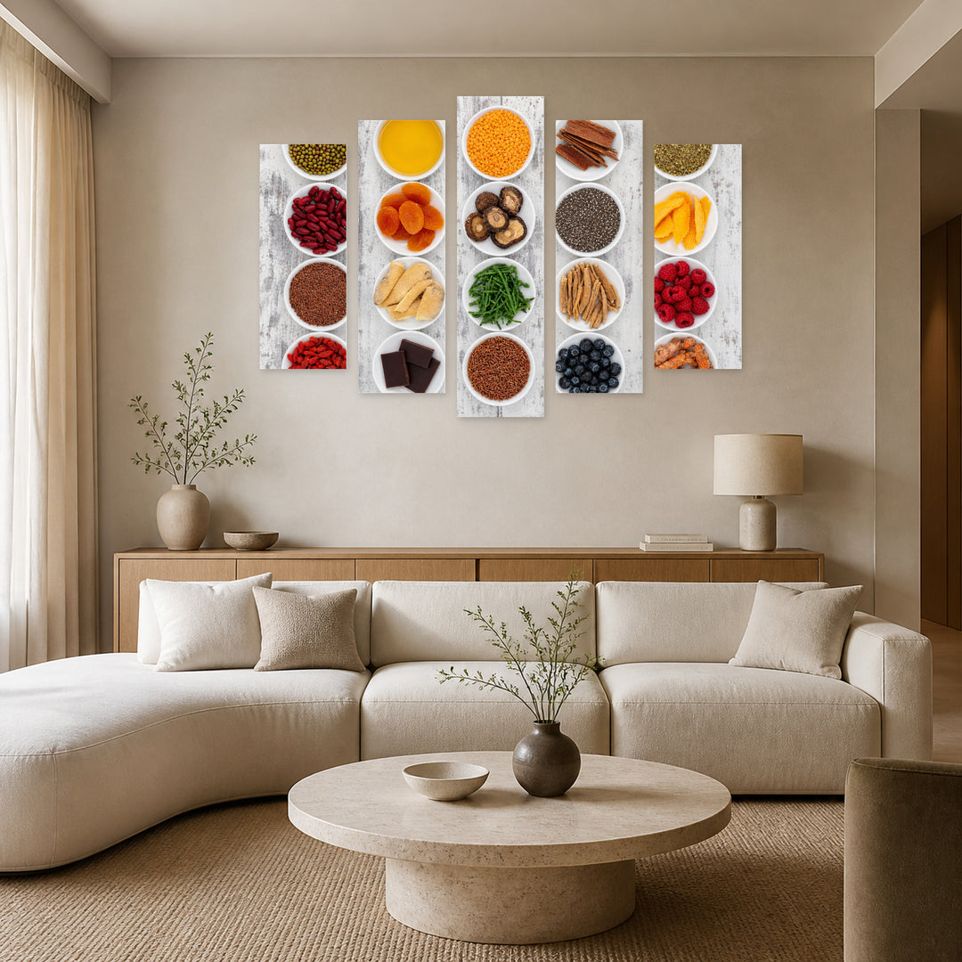 Exotic Spices in Vivid Color — five-panel wall art in alternate frontal interior | 5wallart 53020 M4
