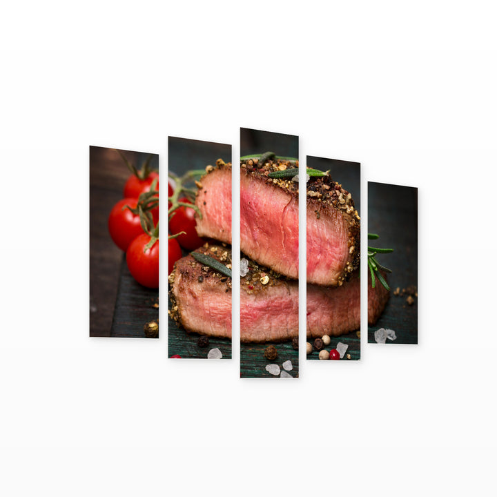 Beef Steak Still Life — five-panel wall art on white background in perspective | 5wallart 53021 M1