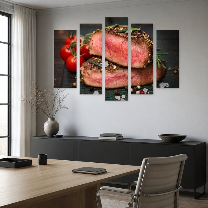 Beef Steak Still Life — five-panel wall art in alternate frontal interior | 5wallart 53021 M4