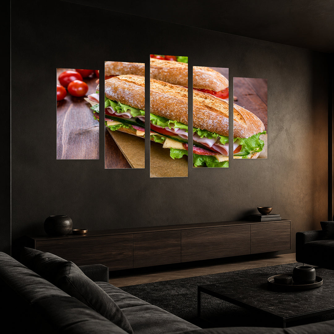 Fresh Sandwich with Geometric Rhythm — five-panel wall art in perspective interior | 5wallart 53023 M2