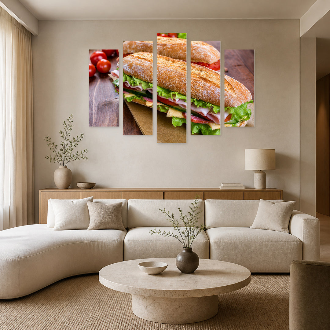 Fresh Sandwich with Geometric Rhythm — five-panel wall art in frontal interior | 5wallart 53023 M3