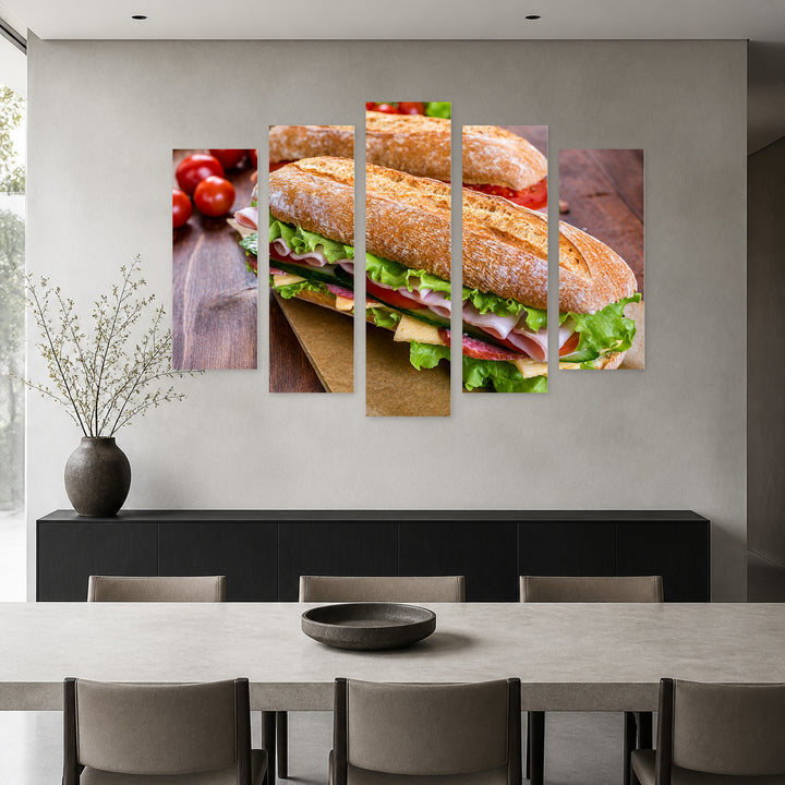 Fresh Sandwich with Geometric Rhythm — five-panel wall art in alternate frontal interior | 5wallart 53023 M4