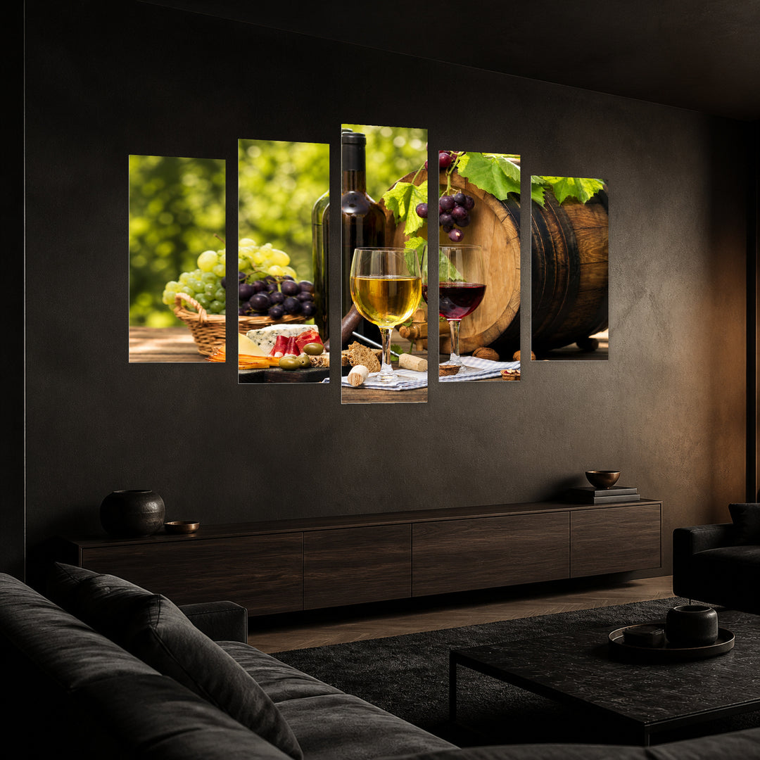 Wine Bouquet Still Life — five-panel wall art in perspective interior | 5wallart 53027 M2