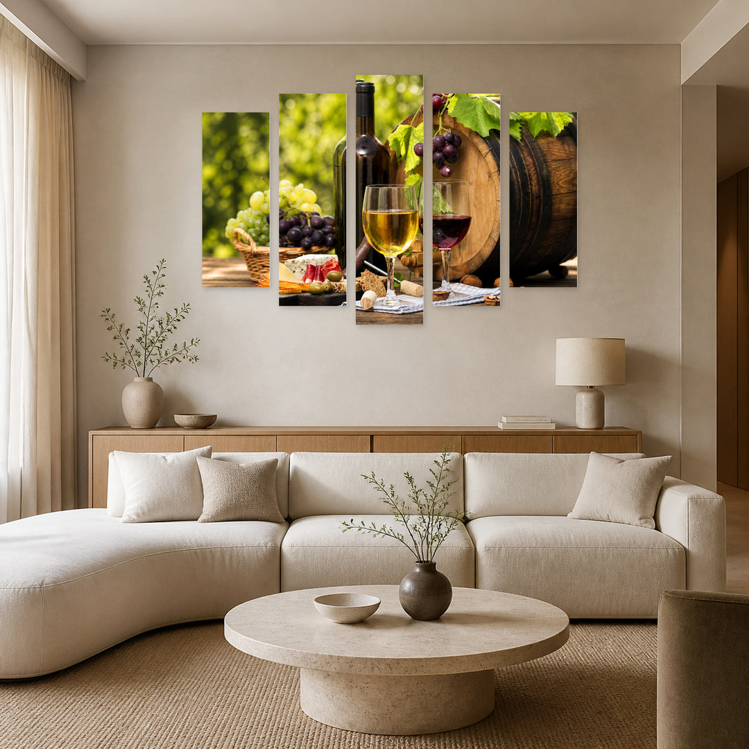 Wine Bouquet Still Life — five-panel wall art in frontal interior | 5wallart 53027 M3
