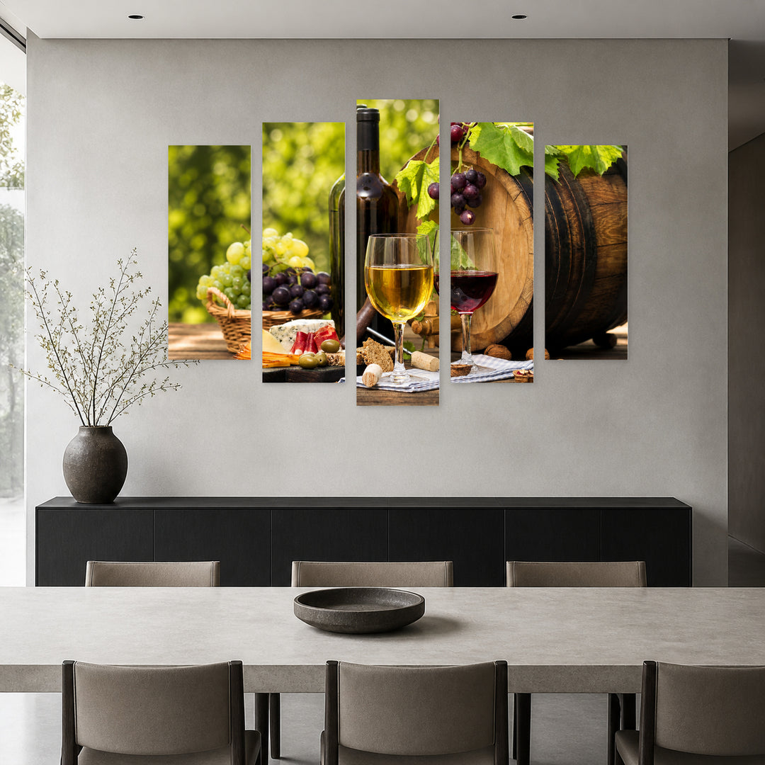 Wine Bouquet Still Life — five-panel wall art in alternate frontal interior | 5wallart 53027 M4