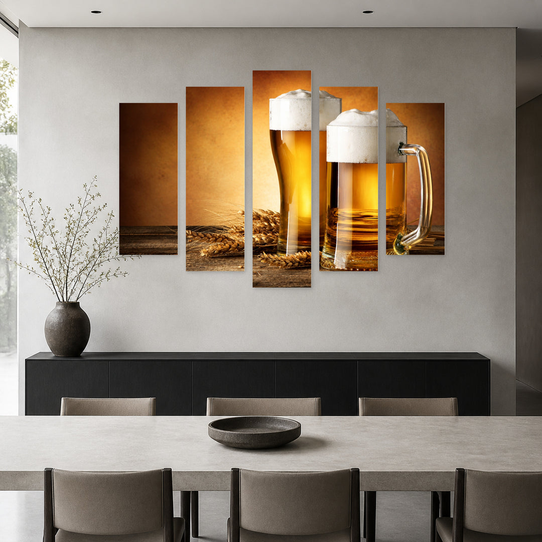 Beer Still Life — five-panel wall art in frontal interior | 5wallart 53028 M3