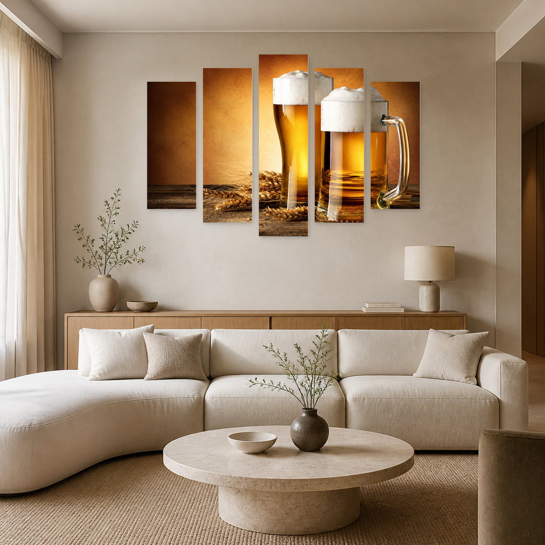 Beer Still Life — five-panel wall art in alternate frontal interior | 5wallart 53028 M4
