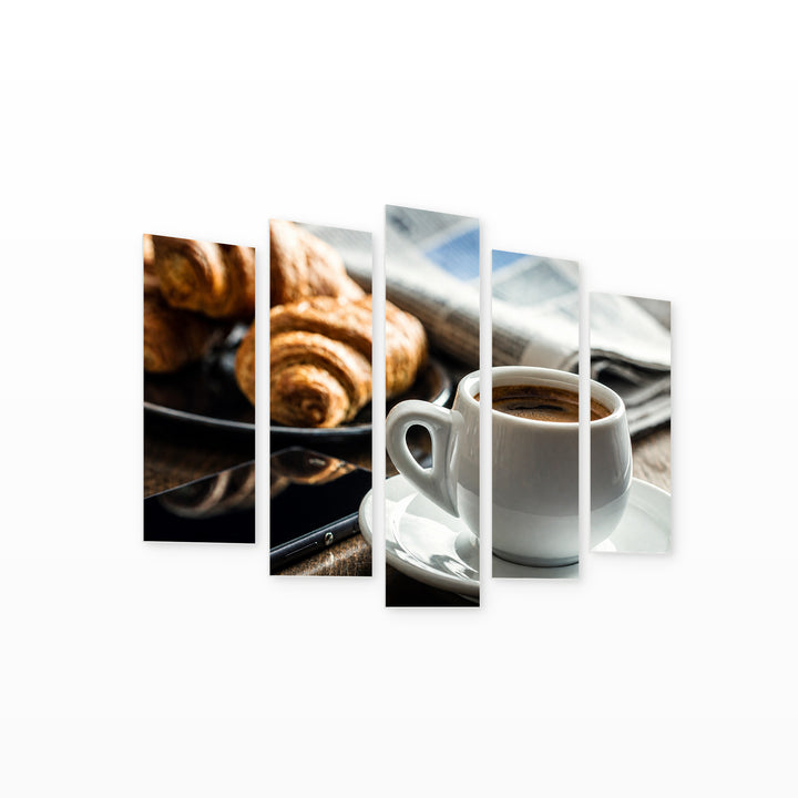 Coffee and Croissants Still Life — five-panel wall art on white background in perspective | 5wallart 53029 M1