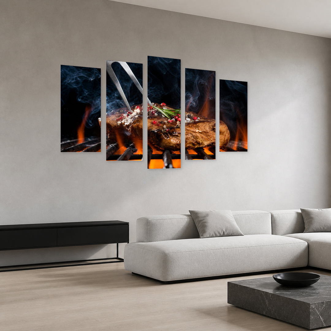 Grilled Steak Still Life — five-panel wall art in perspective interior | 5wallart 53030 M2