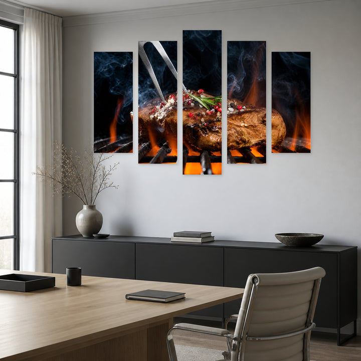 Grilled Steak Still Life — five-panel wall art in frontal interior | 5wallart 53030 M3