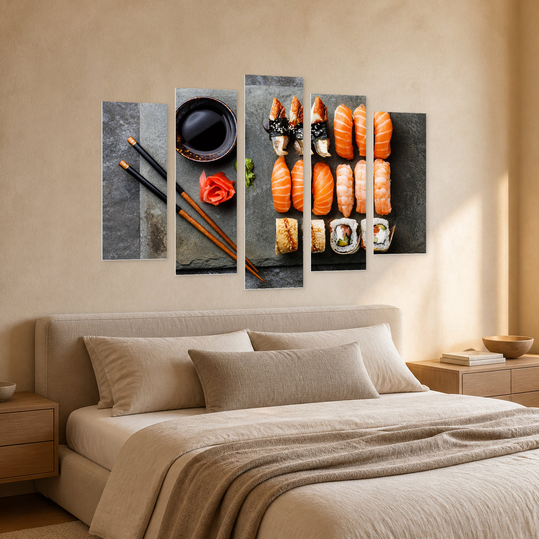 Sushi Still Life — five-panel wall art in perspective interior | 5wallart 53031 M2
