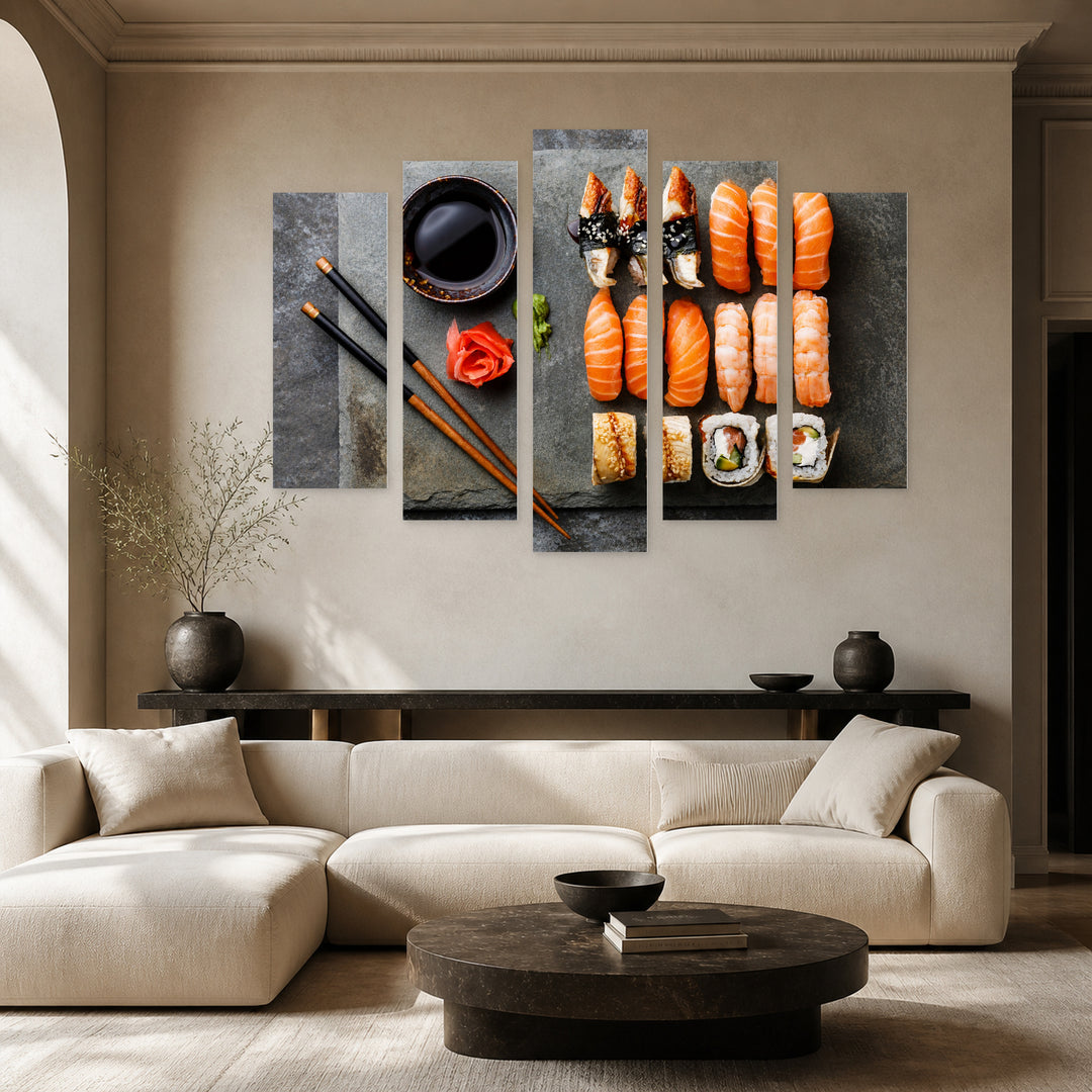 Sushi Still Life — five-panel wall art in frontal interior | 5wallart 53031 M3