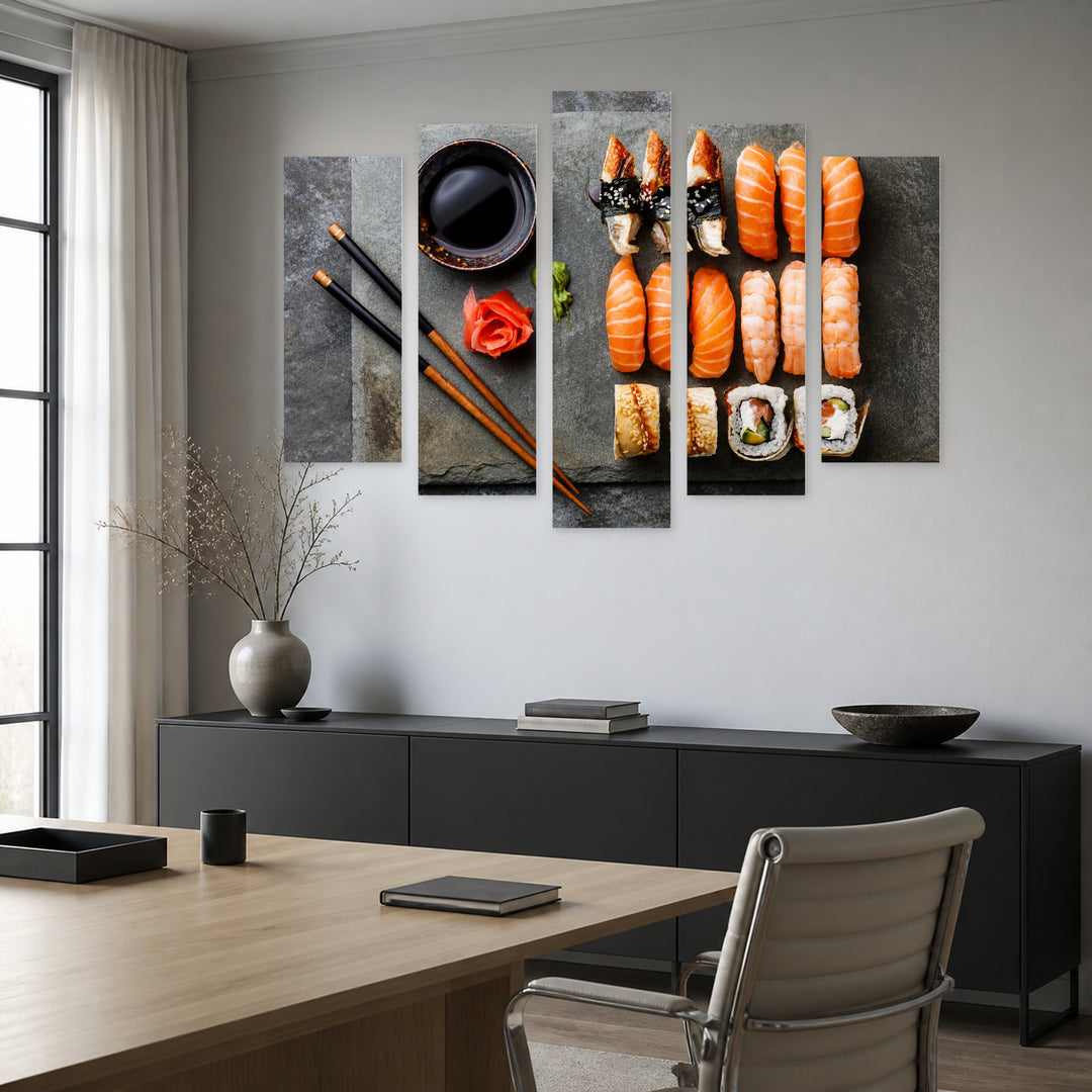 Sushi Still Life — five-panel wall art in alternate frontal interior | 5wallart 53031 M4