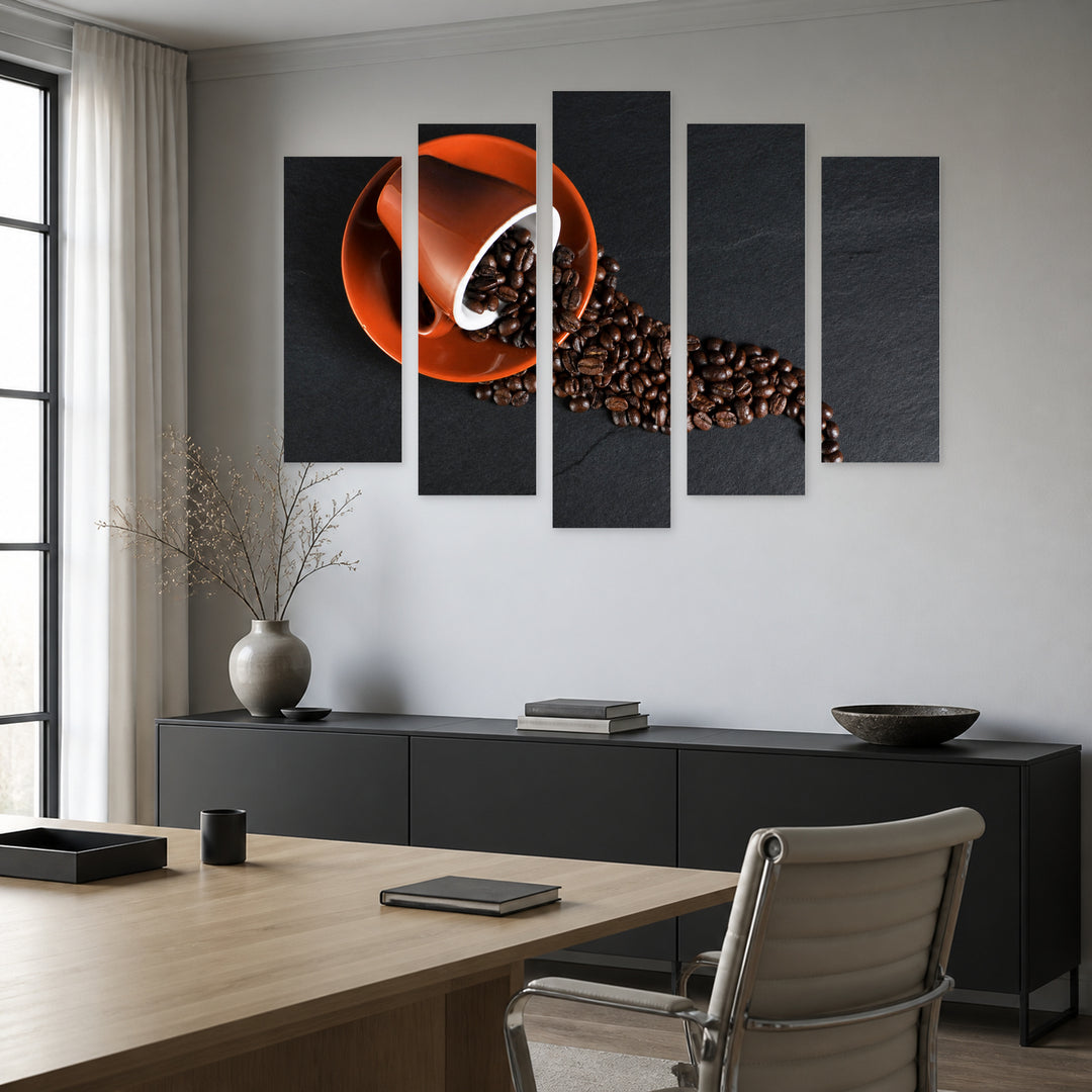 Spilled Coffee Aroma Still Life — five-panel wall art in frontal interior | 5wallart 53034 M3