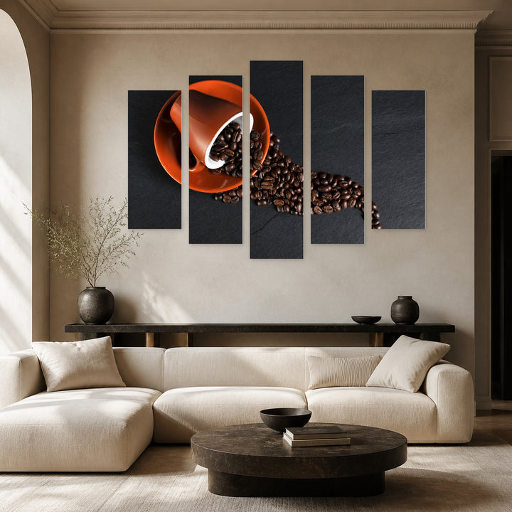 Spilled Coffee Aroma Still Life — five-panel wall art in alternate frontal interior | 5wallart 53034 M4