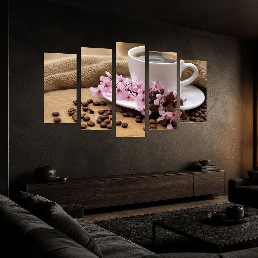 Cup of Coffee Still Life — five-panel wall art in perspective interior | 5wallart 53035 M2