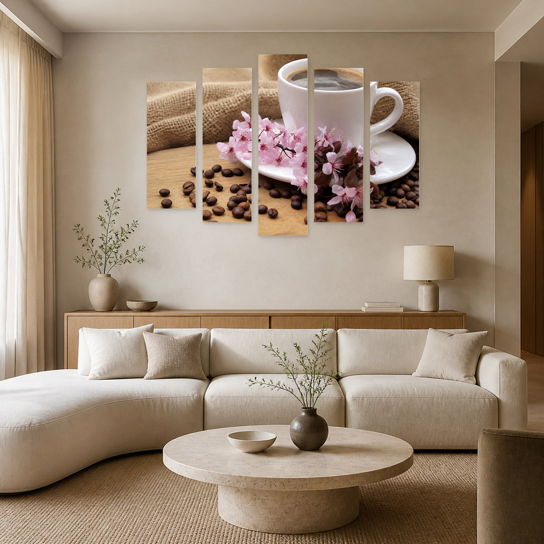 Cup of Coffee Still Life — five-panel wall art in frontal interior | 5wallart 53035 M3
