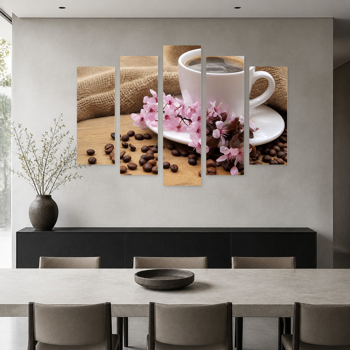 Cup of Coffee Still Life — five-panel wall art in alternate frontal interior | 5wallart 53035 M4