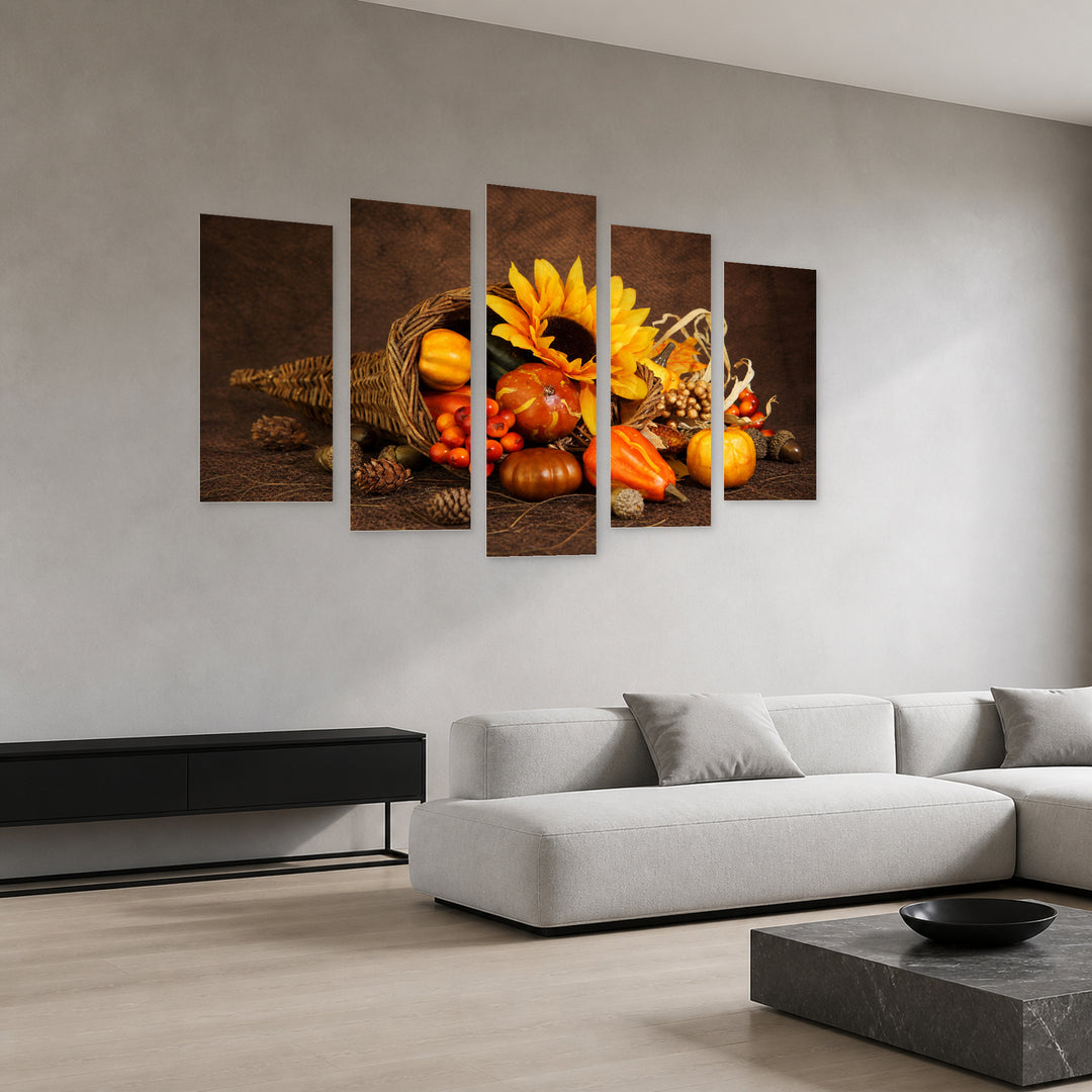 Autumn Bouquet Botanical Study — five-panel wall art in perspective interior | 5wallart 53036 M2