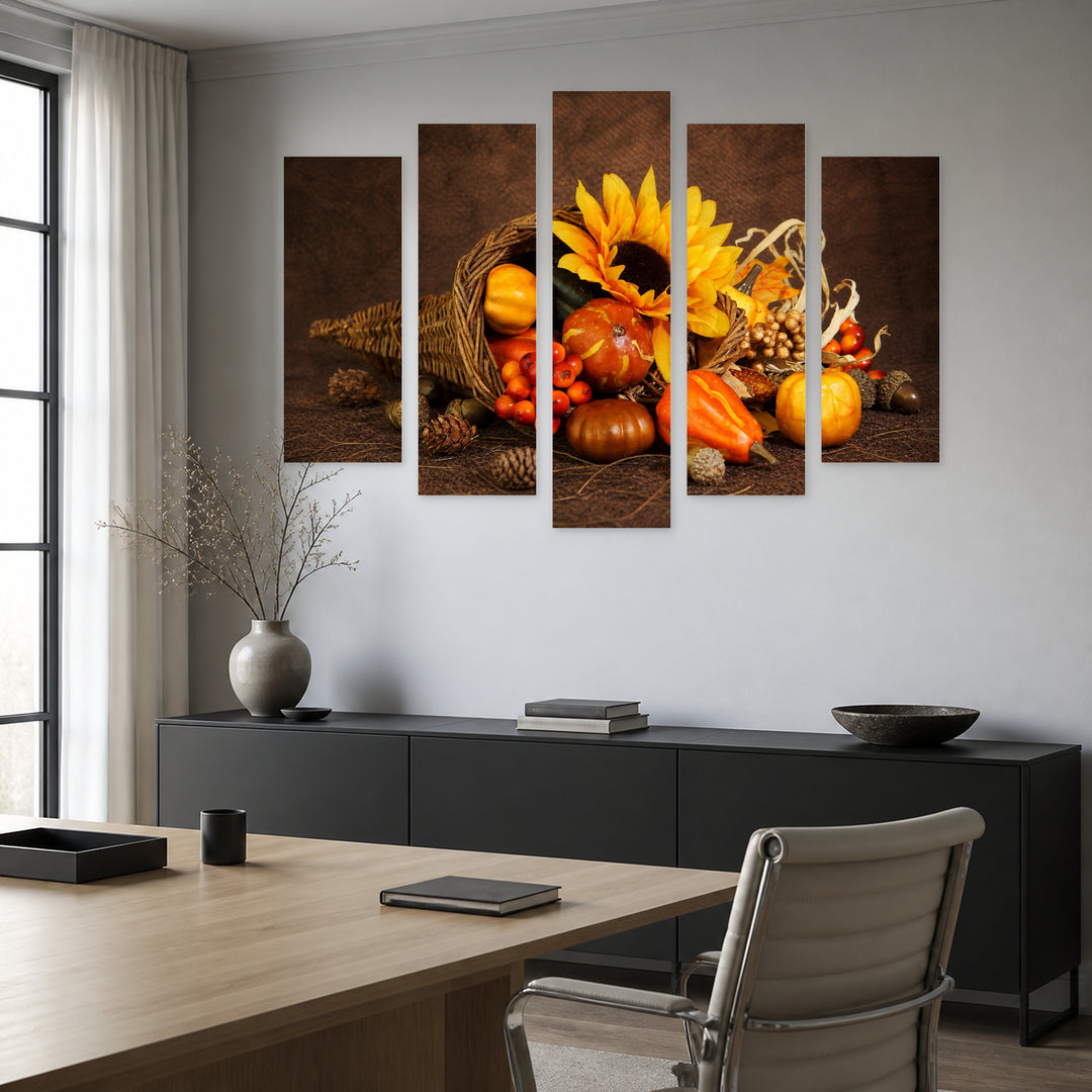 Autumn Bouquet Botanical Study — five-panel wall art in frontal interior | 5wallart 53036 M3