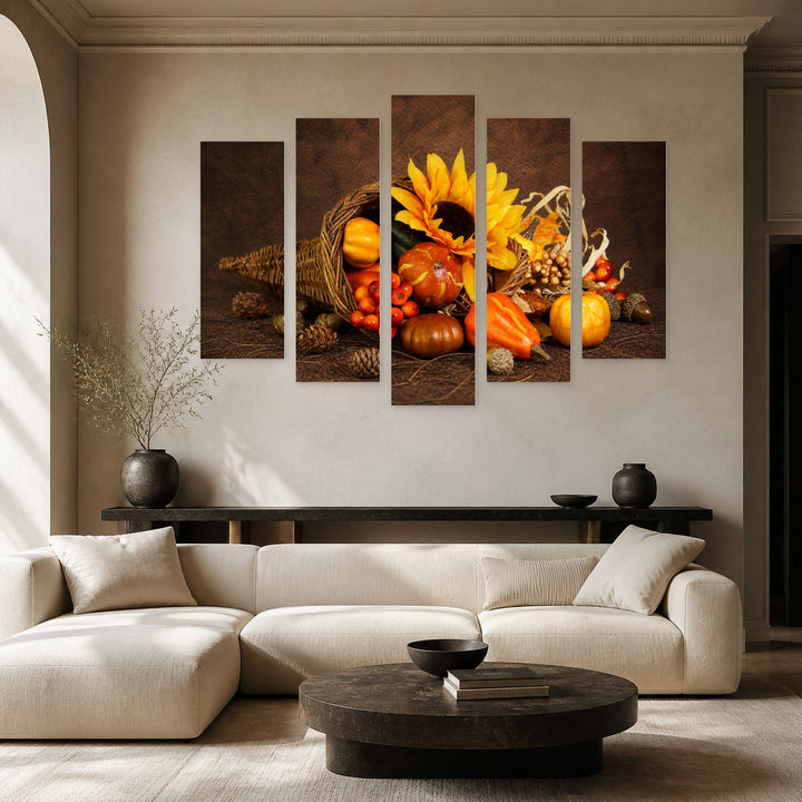 Autumn Bouquet Botanical Study — five-panel wall art in alternate frontal interior | 5wallart 53036 M4