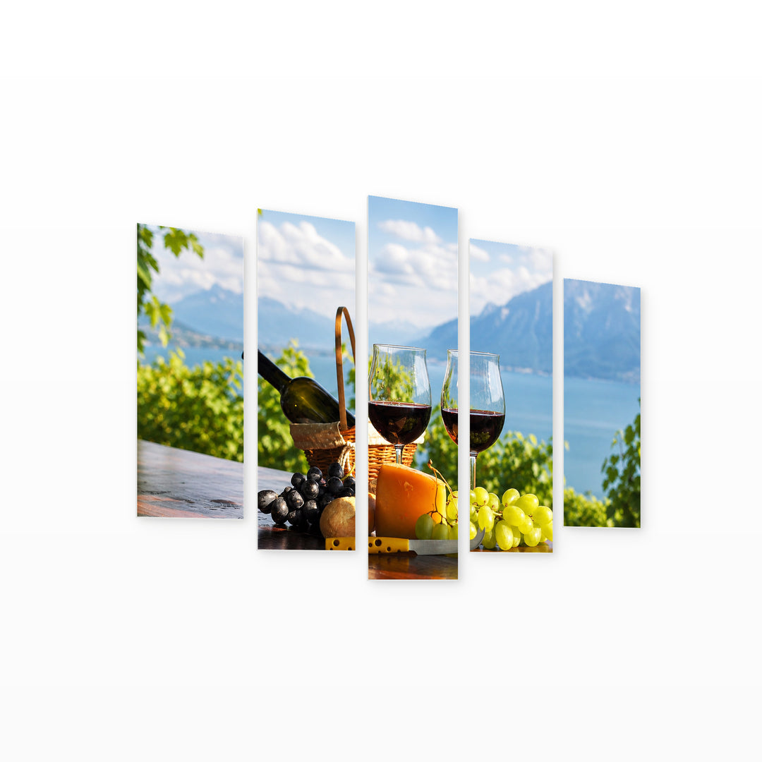 Wine and Grapes Still Life — five-panel wall art on white background in perspective | 5wallart 53037 M1