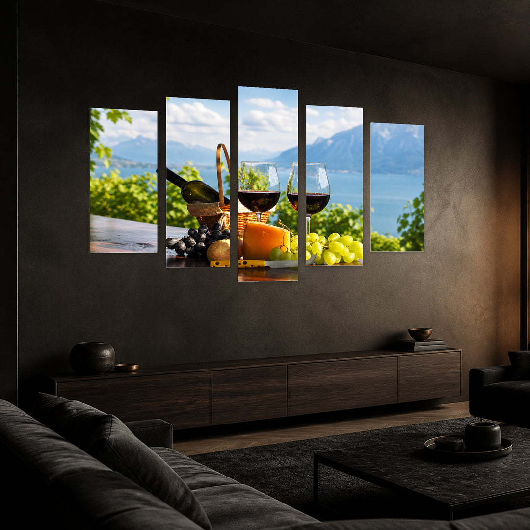 Wine and Grapes Still Life — five-panel wall art in perspective interior | 5wallart 53037 M2