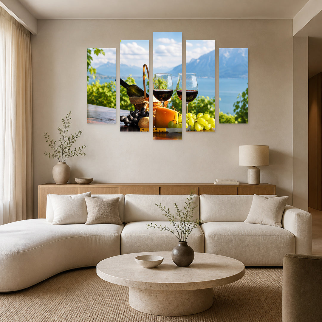 Wine and Grapes Still Life — five-panel wall art in frontal interior | 5wallart 53037 M3