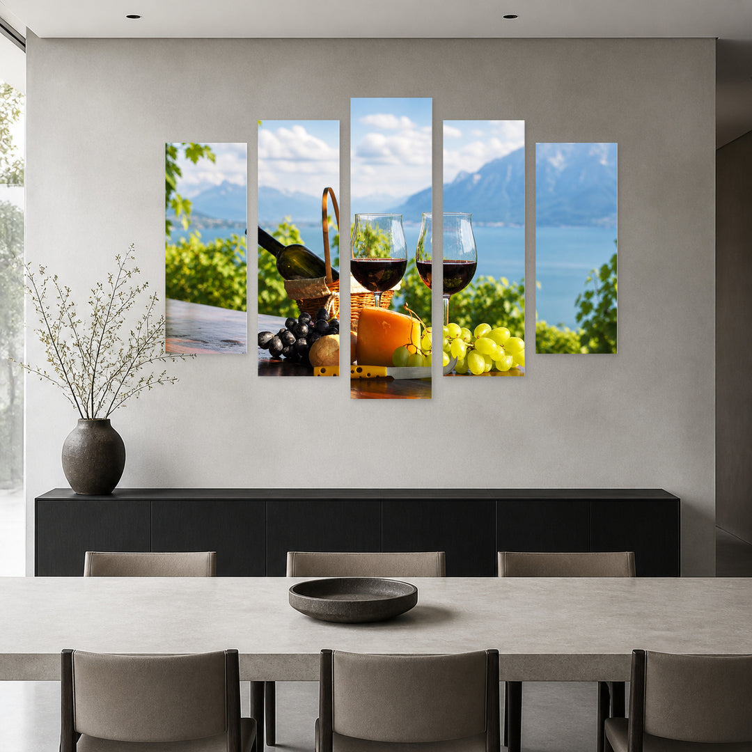 Wine and Grapes Still Life — five-panel wall art in alternate frontal interior | 5wallart 53037 M4