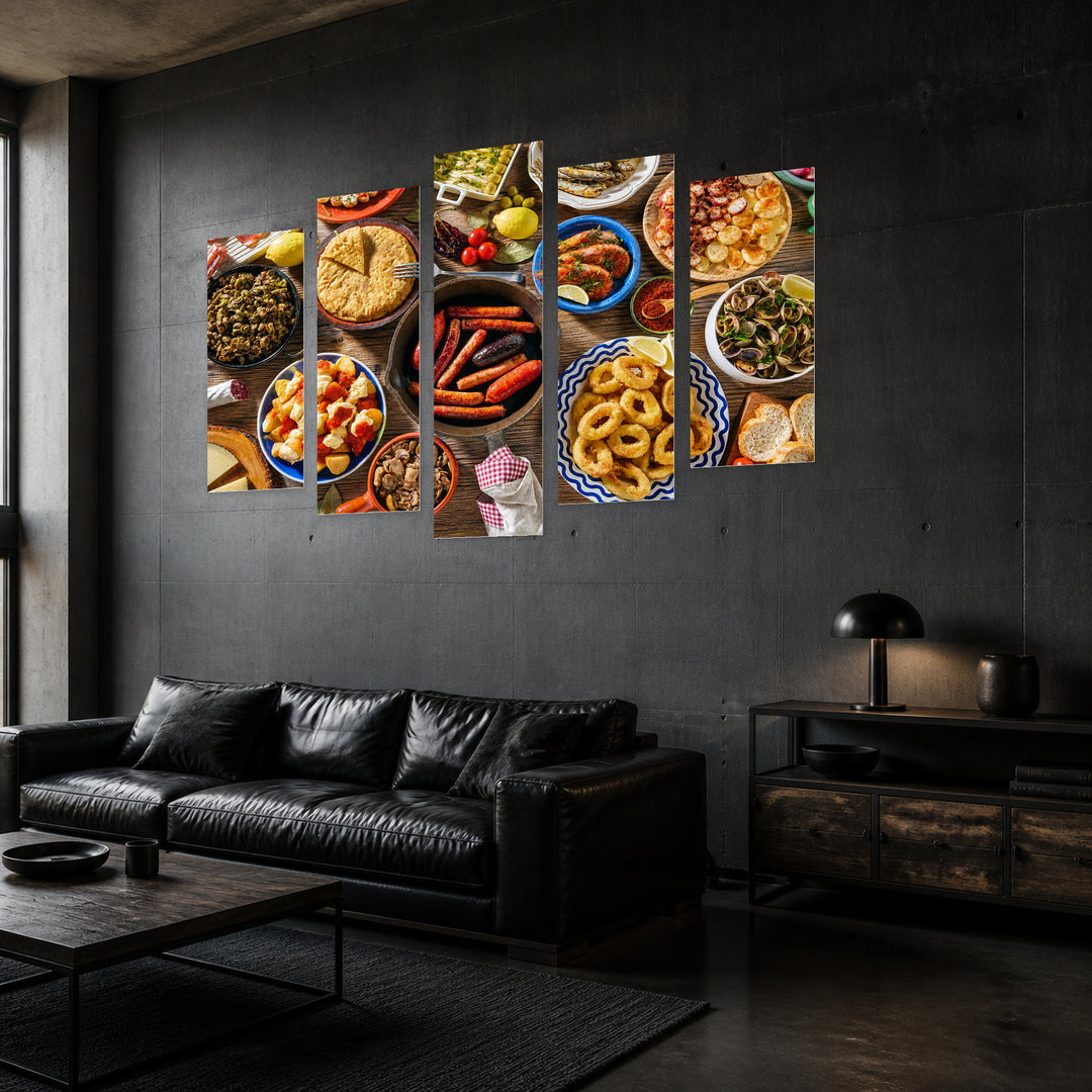 Mediterranean Cuisine with Geometric Rhythm — five-panel wall art in perspective interior | 5wallart 53040 M2