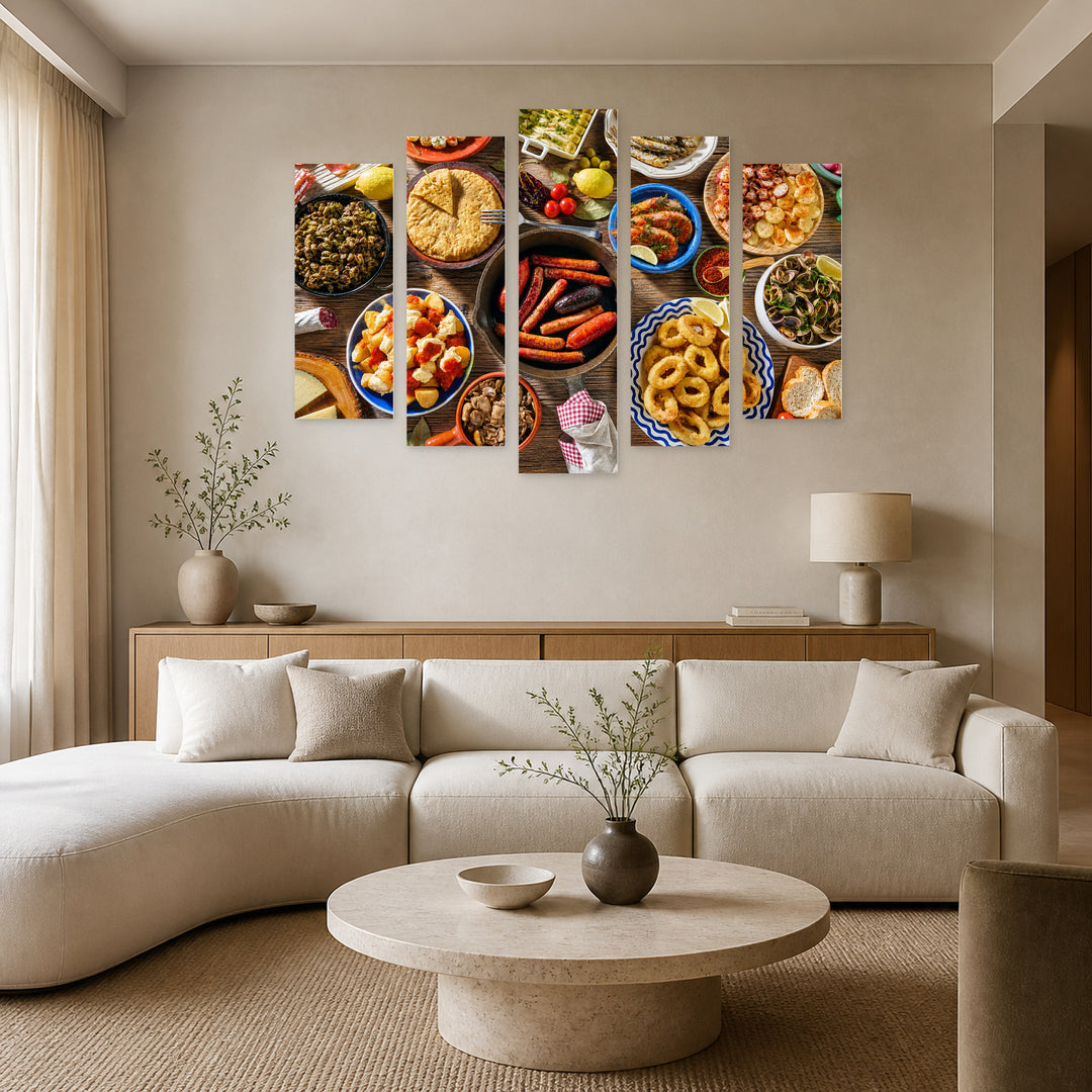 Mediterranean Cuisine with Geometric Rhythm — five-panel wall art in alternate frontal interior | 5wallart 53040 M4