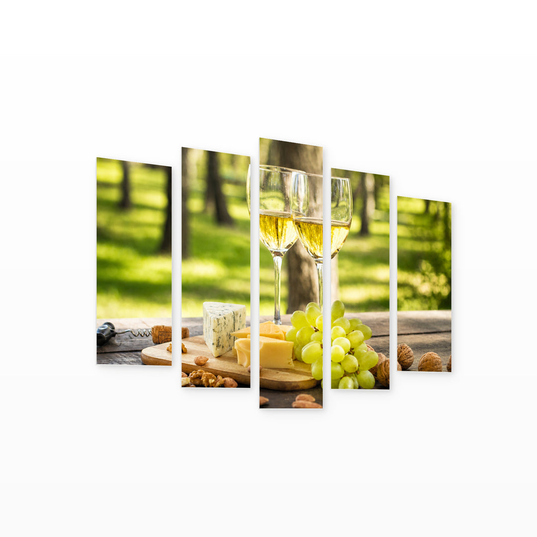 White Wine and Grapes Still Life — five-panel wall art on white background in perspective | 5wallart 53041 M1