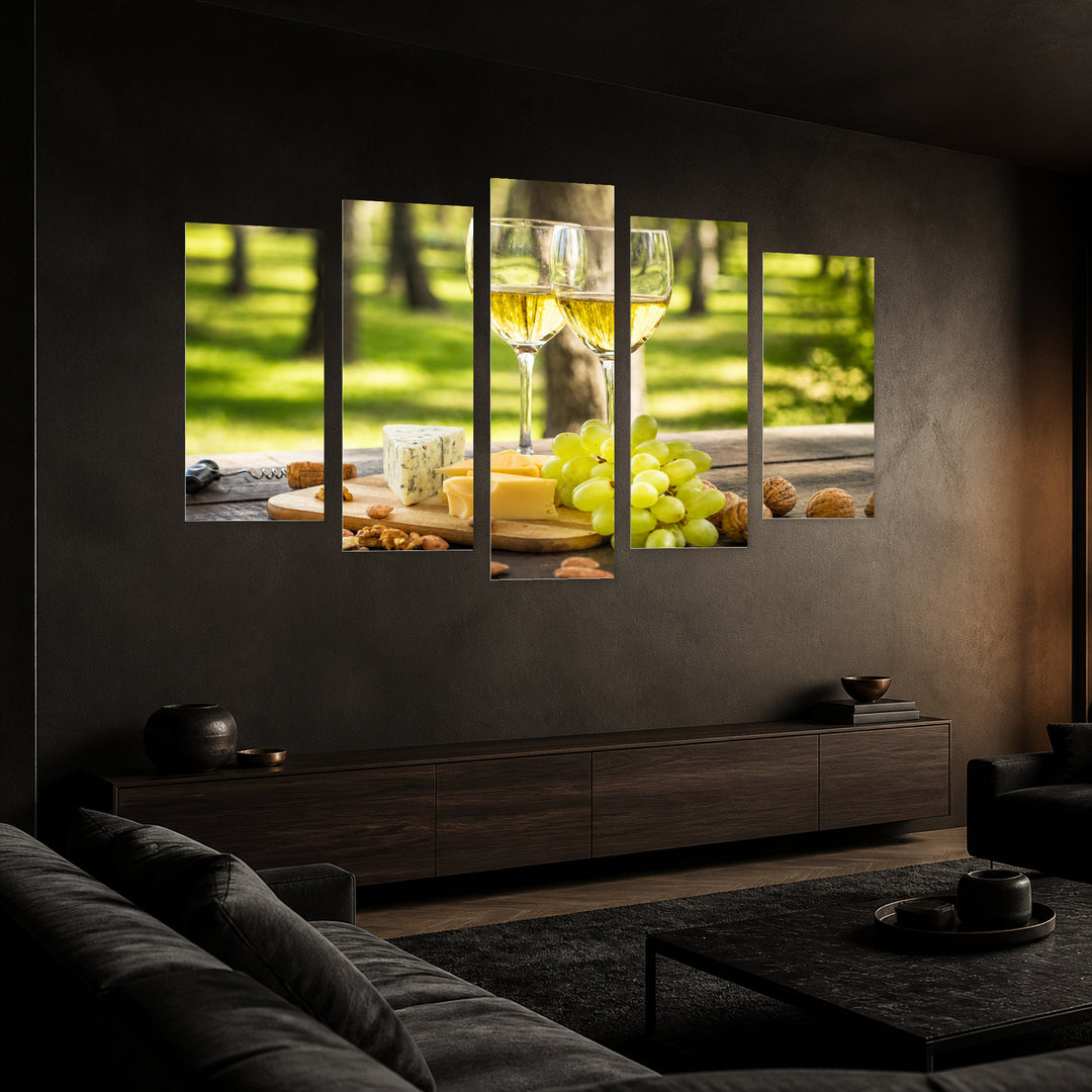 White Wine and Grapes Still Life — five-panel wall art in perspective interior | 5wallart 53041 M2
