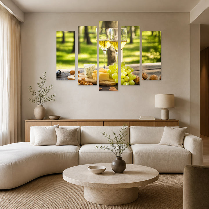White Wine and Grapes Still Life — five-panel wall art in frontal interior | 5wallart 53041 M3