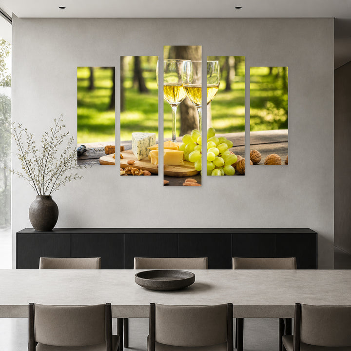 White Wine and Grapes Still Life — five-panel wall art in alternate frontal interior | 5wallart 53041 M4