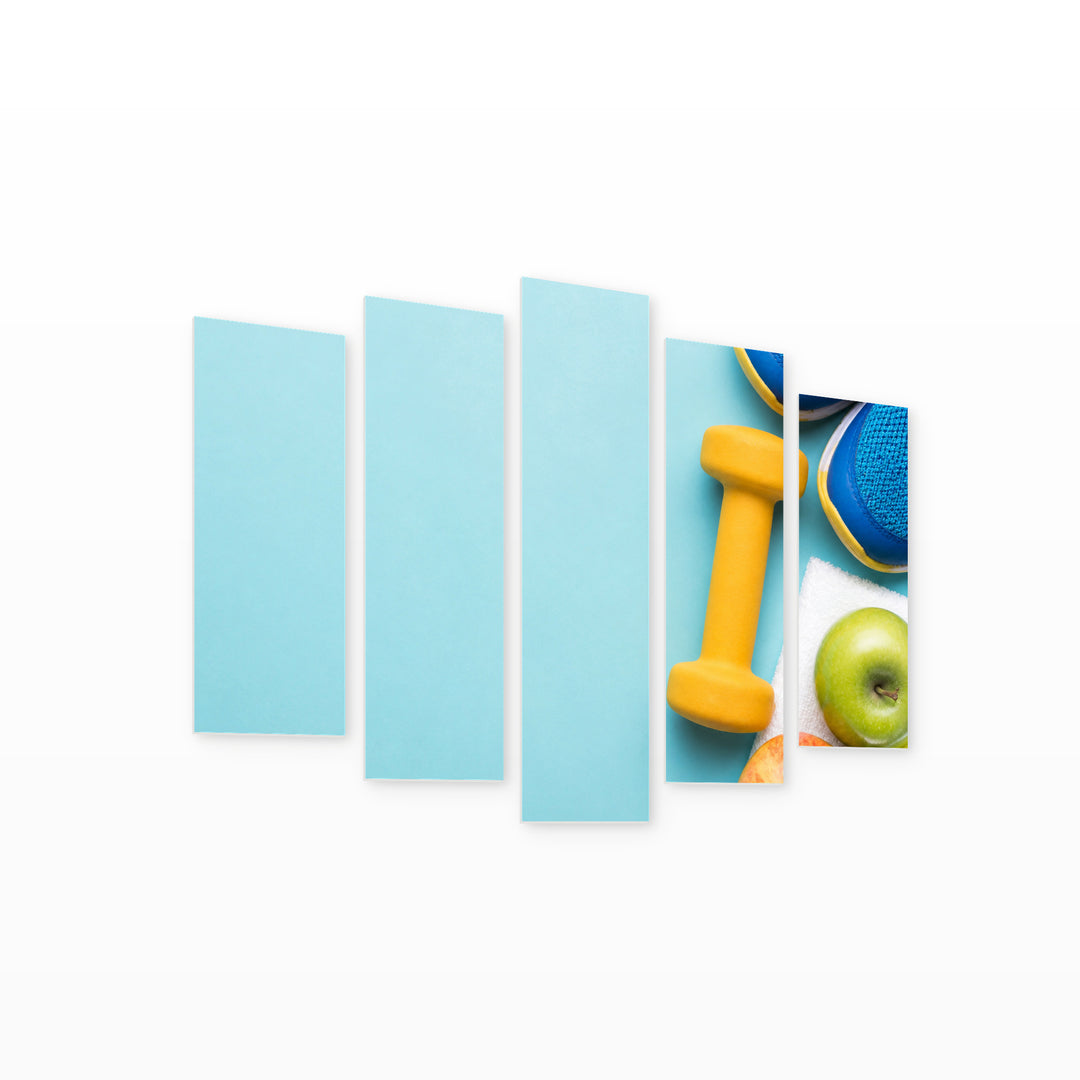 Fitness in Blue and Gold — five-panel wall art on white background in perspective | 5wallart 53044 M1