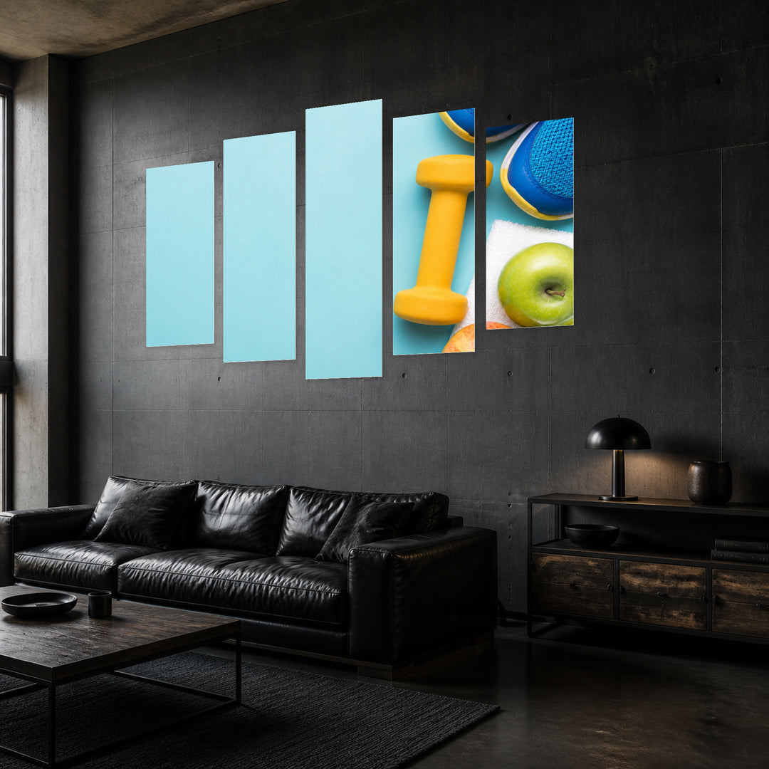 Fitness in Blue and Gold — five-panel wall art in perspective interior | 5wallart 53044 M2
