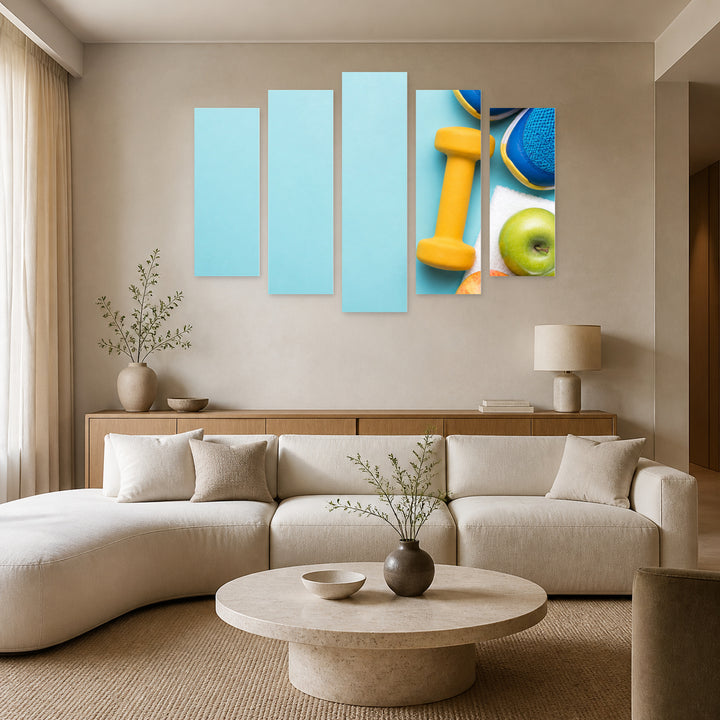 Fitness in Blue and Gold — five-panel wall art in alternate frontal interior | 5wallart 53044 M4
