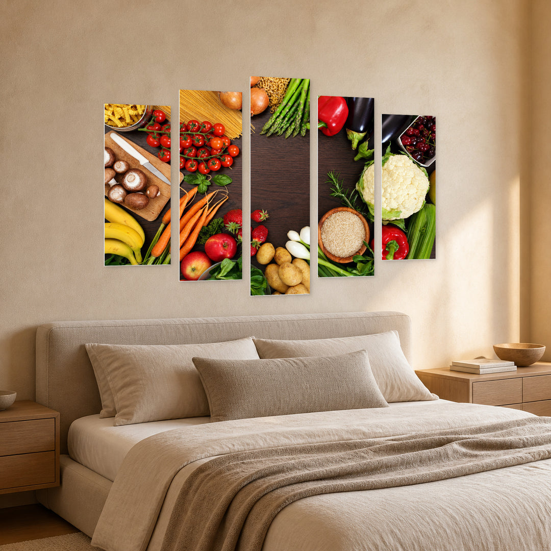 Vegetable Bouquet in Vivid Color — five-panel wall art in perspective interior | 5wallart 53047 M2