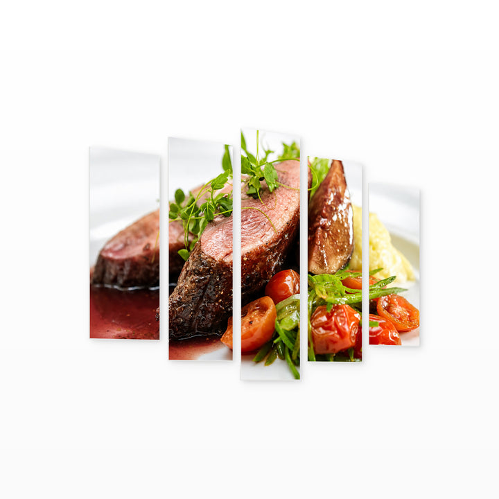 Beef Steak with Vegetables Still Life — five-panel wall art on white background in perspective | 5wallart 53048 M1
