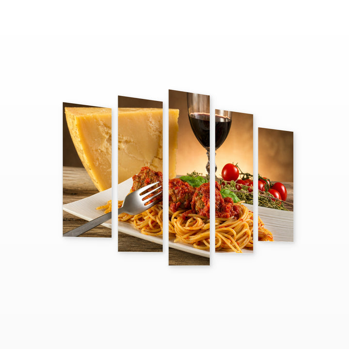 Spaghetti and Red Wine Still Life — five-panel wall art on white background in perspective | 5wallart 53049 M1