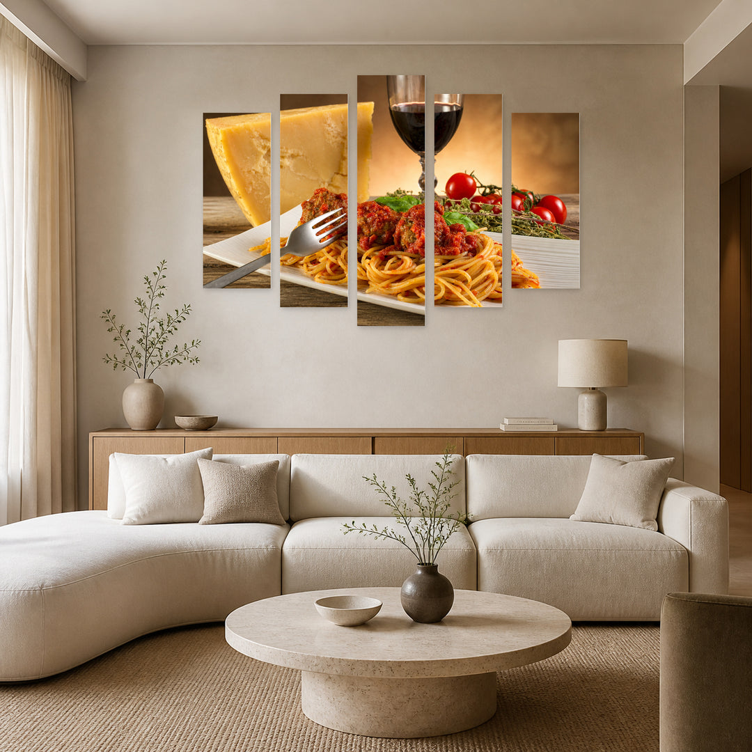 Spaghetti and Red Wine Still Life — five-panel wall art in frontal interior | 5wallart 53049 M3