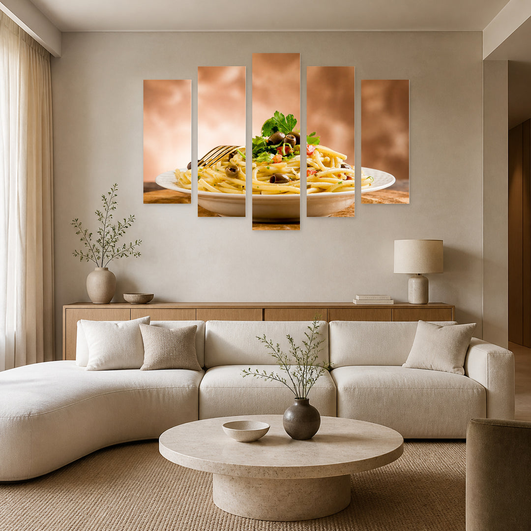 Spaghetti Still Life — five-panel wall art in alternate frontal interior | 5wallart 53050 M4