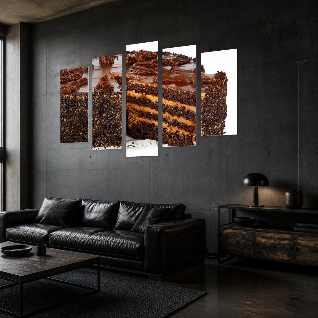 Chocolate Cake Still Life — five-panel wall art in perspective interior | 5wallart 53052 M2
